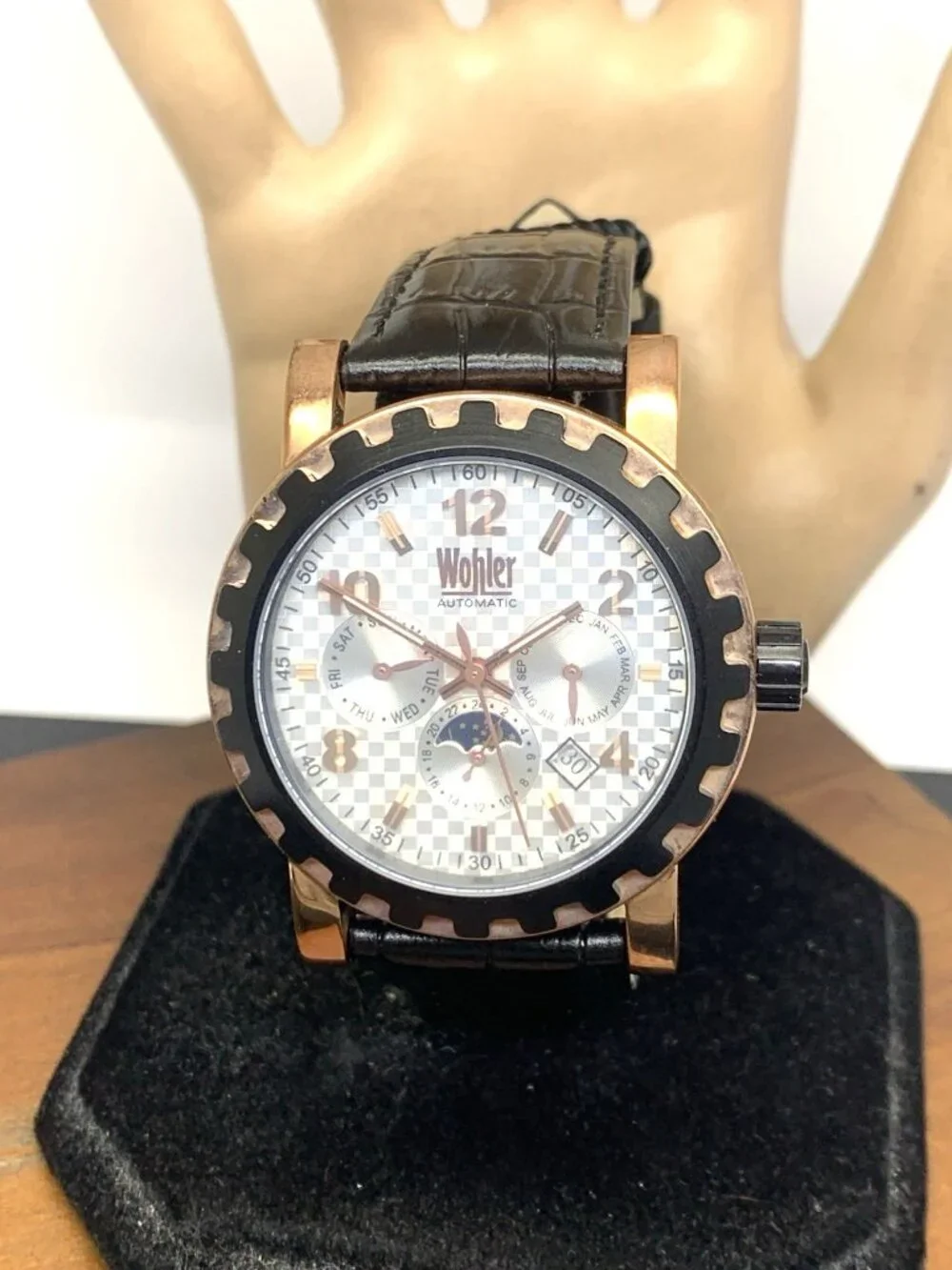 Wohler Men's Watch Automatic Triple Calendar Day Night Black Leather Strap 42mm